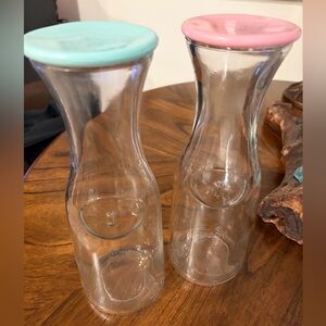 Set of Two Glass Carafes with Colored Lids